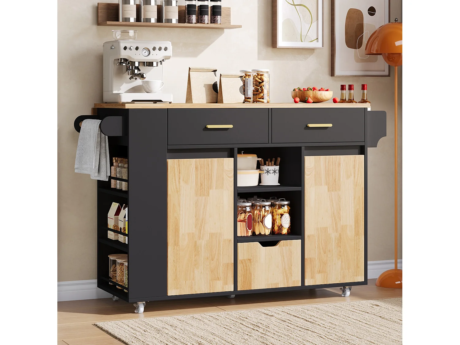 Isola da cucina su ruote con piano ribaltabile, 3 cassetti, 2 ante e ripiani laterali - MDF - da 120 x 45 a 71 x 90 cm - Nero