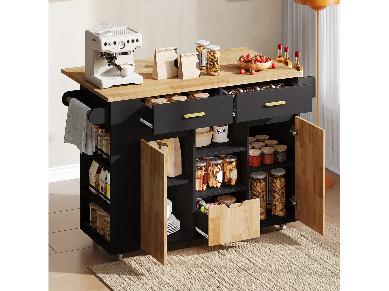 Isola da cucina su ruote con piano ribaltabile, 3 cassetti, 2 ante e ripiani laterali - MDF - da 120 x 45 a 71 x 90 cm - Nero