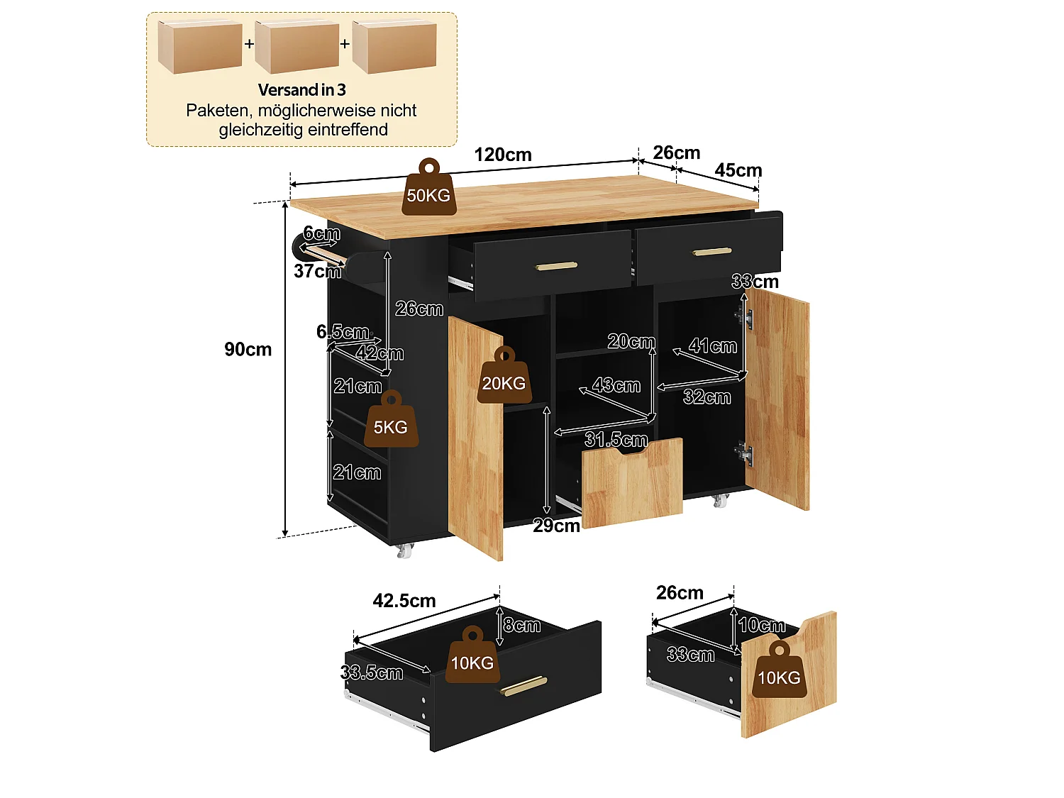 Isola da cucina su ruote con piano ribaltabile, 3 cassetti, 2 ante e ripiani laterali - MDF - da 120 x 45 a 71 x 90 cm - Nero