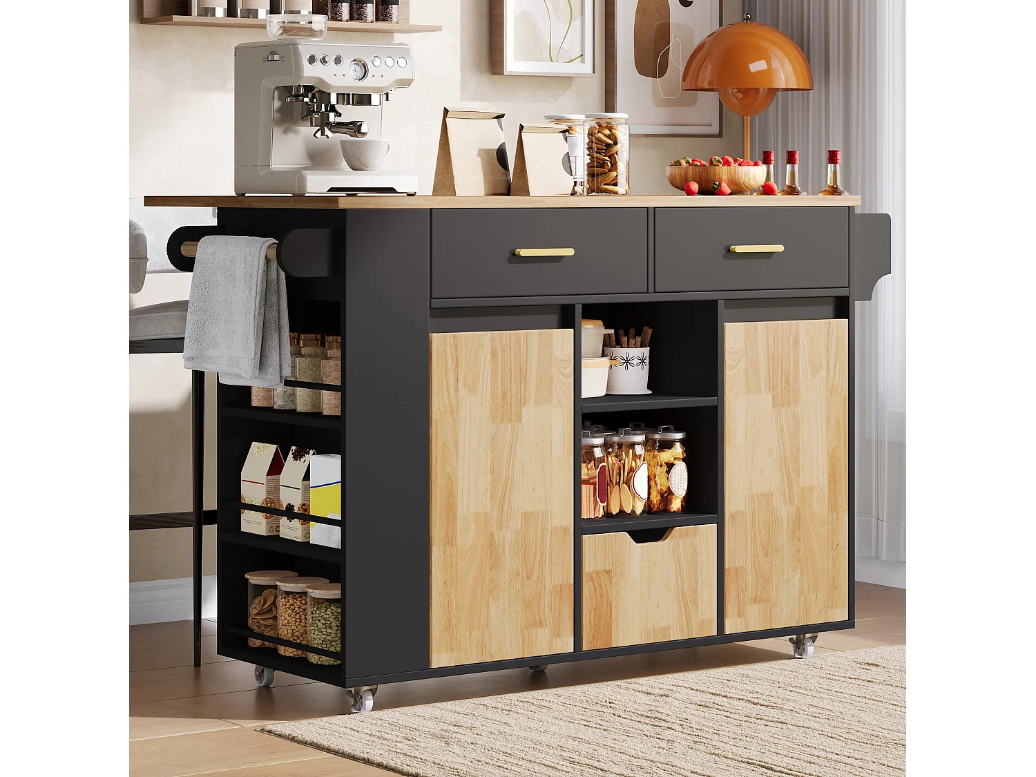 Isola da cucina su ruote con piano ribaltabile, 3 cassetti, 2 ante e ripiani laterali - MDF - da 120 x 45 a 71 x 90 cm - Nero