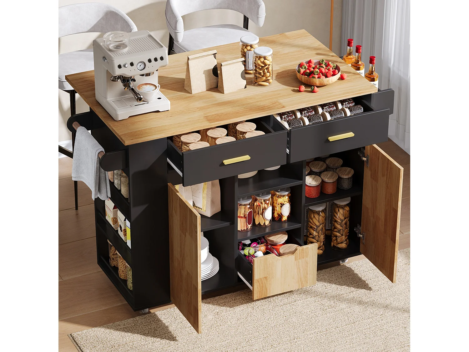 Isola da cucina su ruote con piano ribaltabile, 3 cassetti, 2 ante e ripiani laterali - MDF - da 120 x 45 a 71 x 90 cm - Nero
