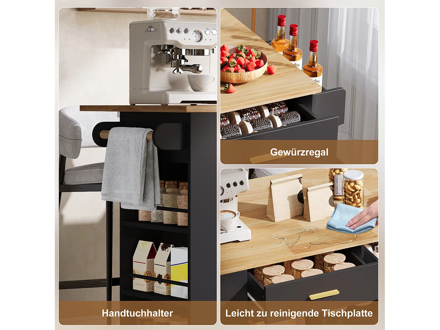 Isola da cucina su ruote con piano ribaltabile, 3 cassetti, 2 ante e ripiani laterali - MDF - da 120 x 45 a 71 x 90 cm - Nero