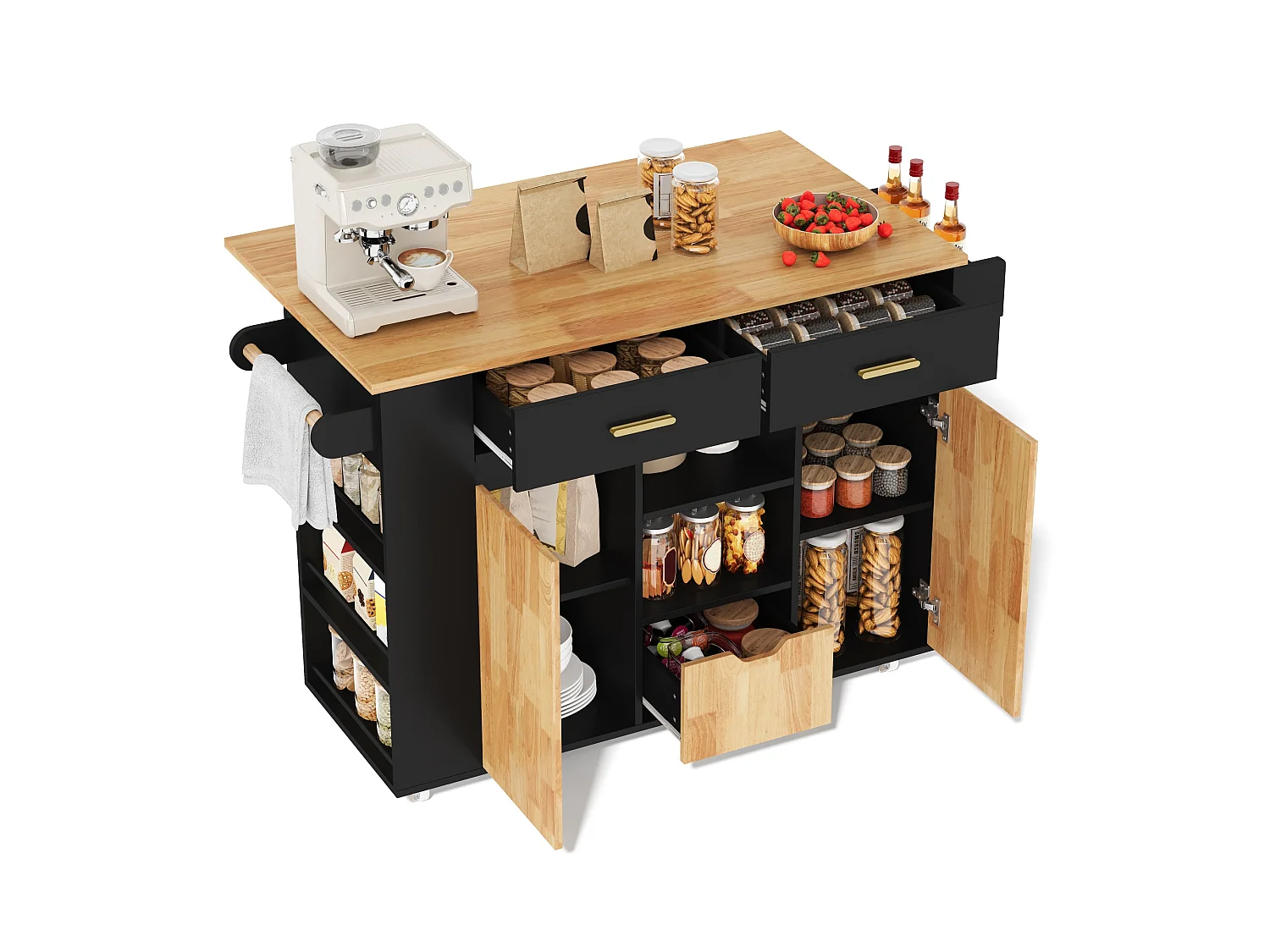 Isola da cucina su ruote con piano ribaltabile, 3 cassetti, 2 ante e ripiani laterali - MDF - da 120 x 45 a 71 x 90 cm - Nero