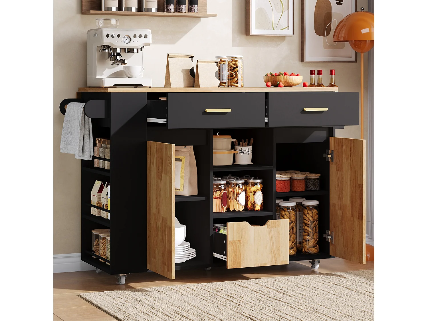Isola da cucina su ruote con piano ribaltabile, 3 cassetti, 2 ante e ripiani laterali - MDF - da 120 x 45 a 71 x 90 cm - Nero