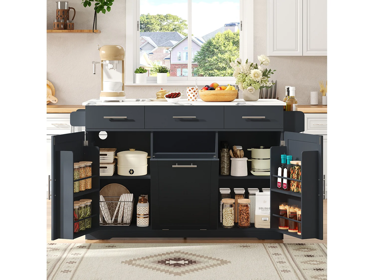 Kücheninsel auf Rollen, mit Mülleimerfach, 3 Schubladen, 2 Türen, Steckdosen und USB-Anschlüssen – MDF – 136 x 50 bis 75 x 92 cm – Grau