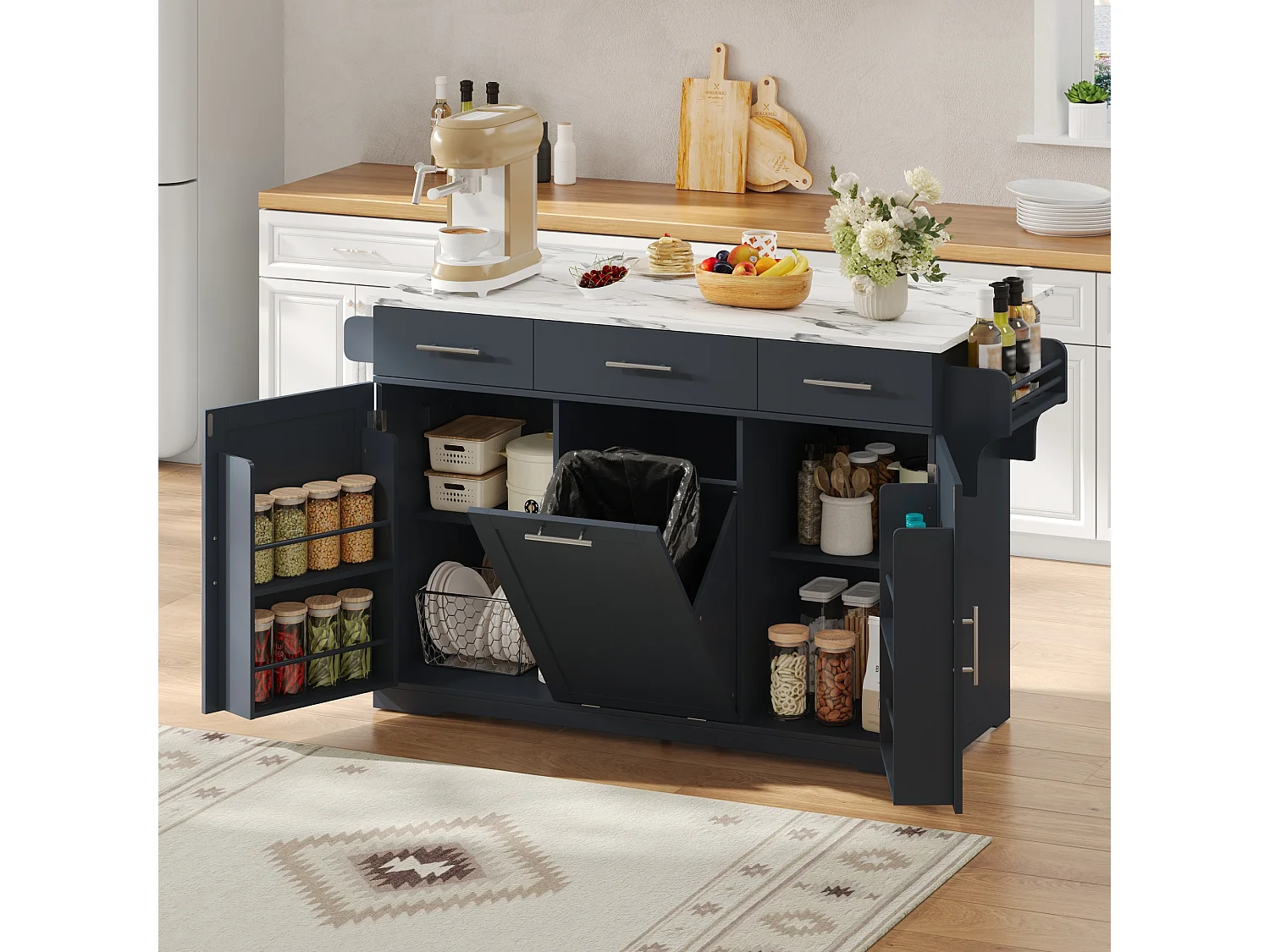 Kücheninsel auf Rollen, mit Mülleimerfach, 3 Schubladen, 2 Türen, Steckdosen und USB-Anschlüssen – MDF – 136 x 50 bis 75 x 92 cm – Grau