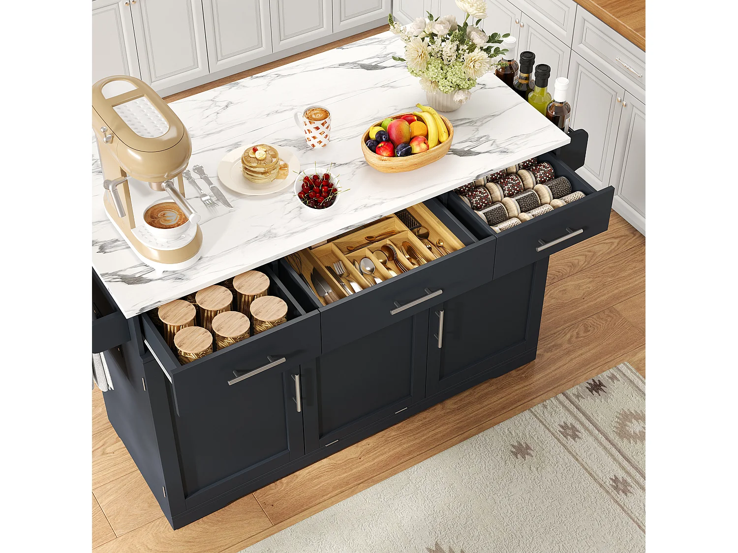 Kücheninsel auf Rollen, mit Mülleimerfach, 3 Schubladen, 2 Türen, Steckdosen und USB-Anschlüssen – MDF – 136 x 50 bis 75 x 92 cm – Grau