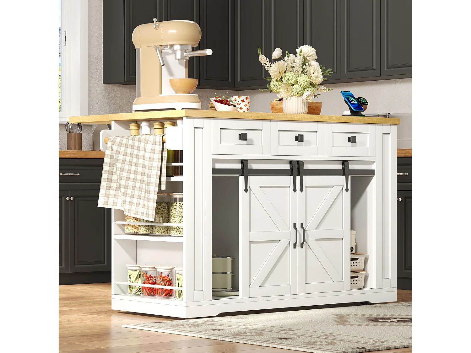 Îlot central de cuisine mobile avec plateau rabattable, 3 tiroirs, 2 portes coulissantes, prises et USB - MDF - 130 x 50/80 x 87 cm - Blanc