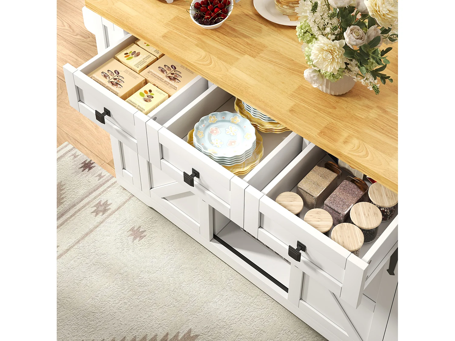Îlot central de cuisine mobile avec plateau rabattable, 3 tiroirs, 2 portes coulissantes, prises et USB - MDF - 130 x 50/80 x 87 cm - Blanc