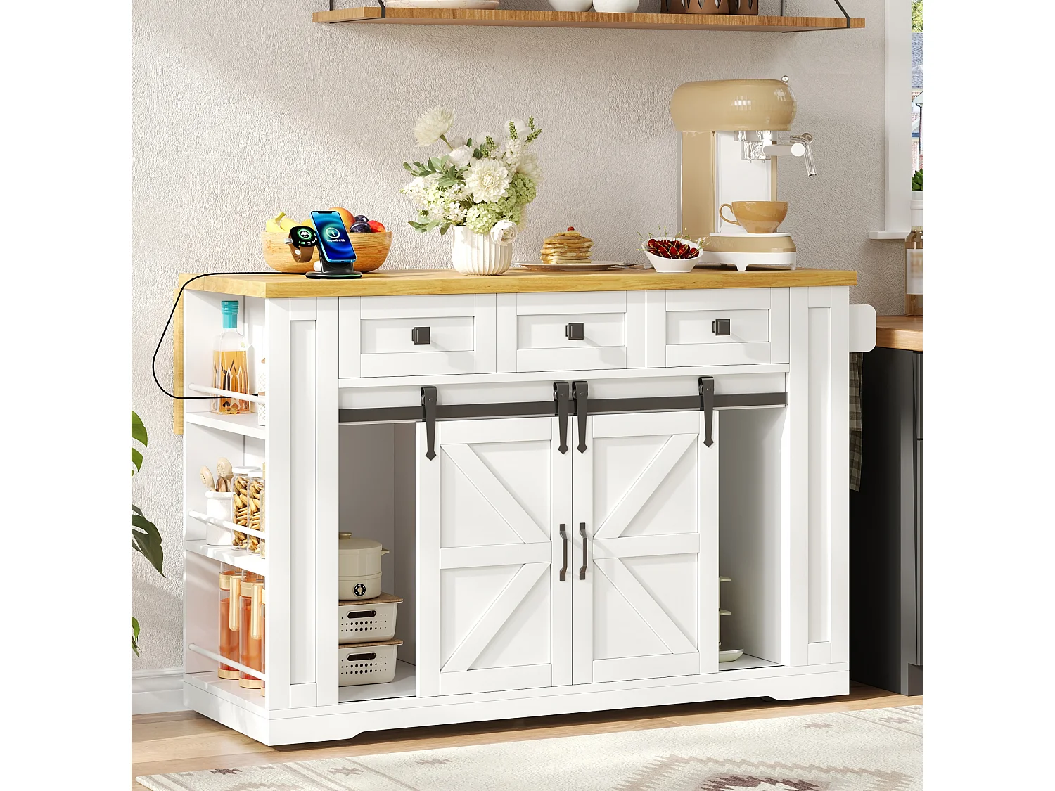 Îlot central de cuisine mobile avec plateau rabattable, 3 tiroirs, 2 portes coulissantes, prises et USB - MDF - 130 x 50/80 x 87 cm - Blanc