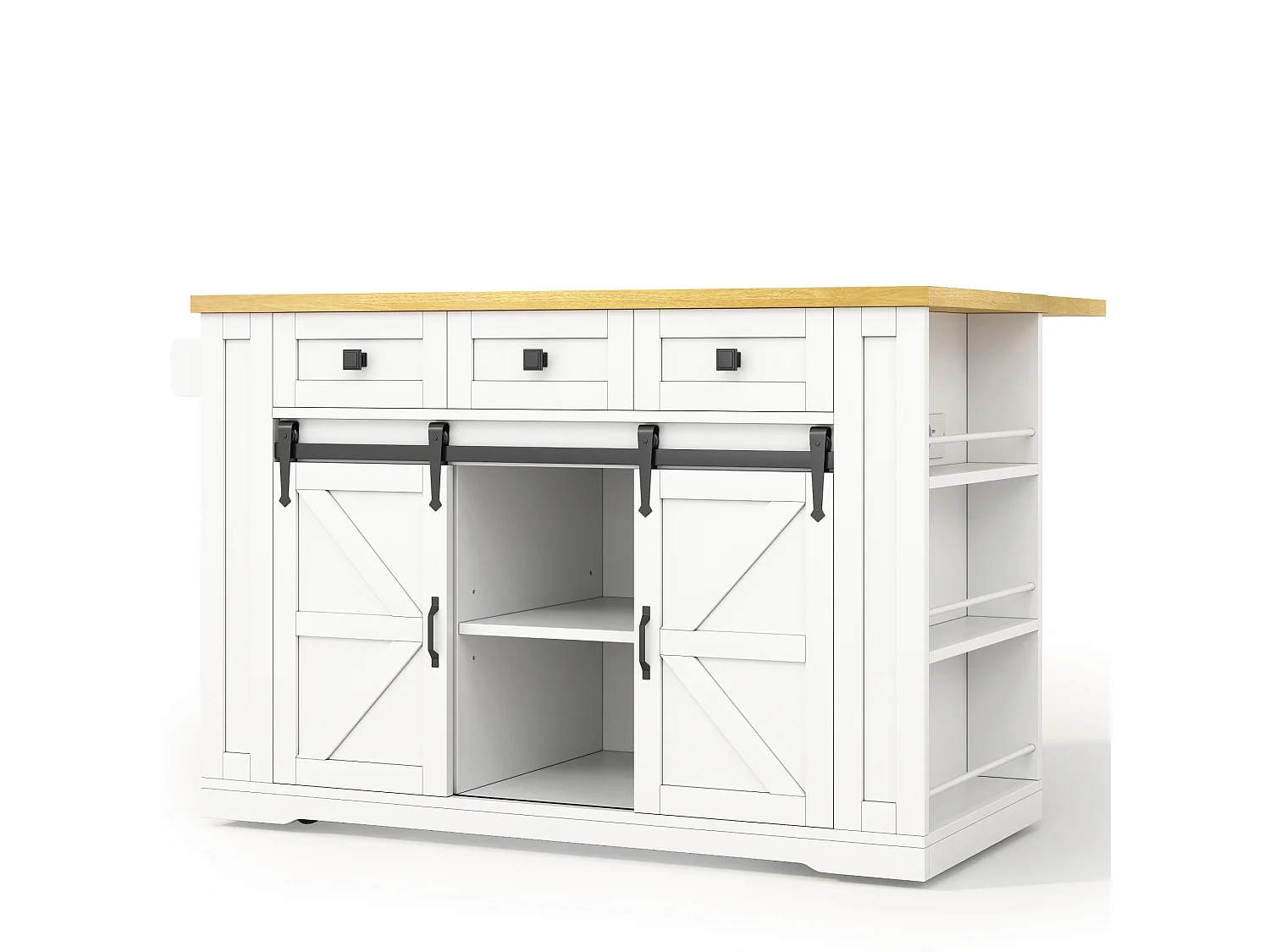 Îlot central de cuisine mobile avec plateau rabattable, 3 tiroirs, 2 portes coulissantes, prises et USB - MDF - 130 x 50/80 x 87 cm - Blanc