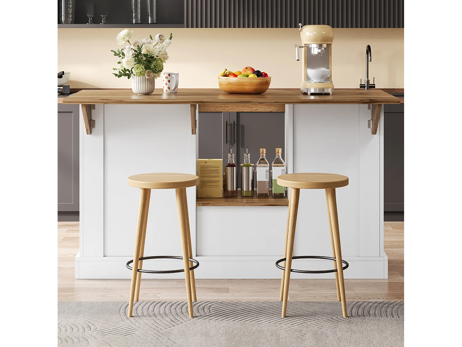 Îlot central de cuisine avec plateau rabattable, 3 tiroirs, 1 porte et étagères réglables - MDF - 150 x 65 x 80 cm - Blanc