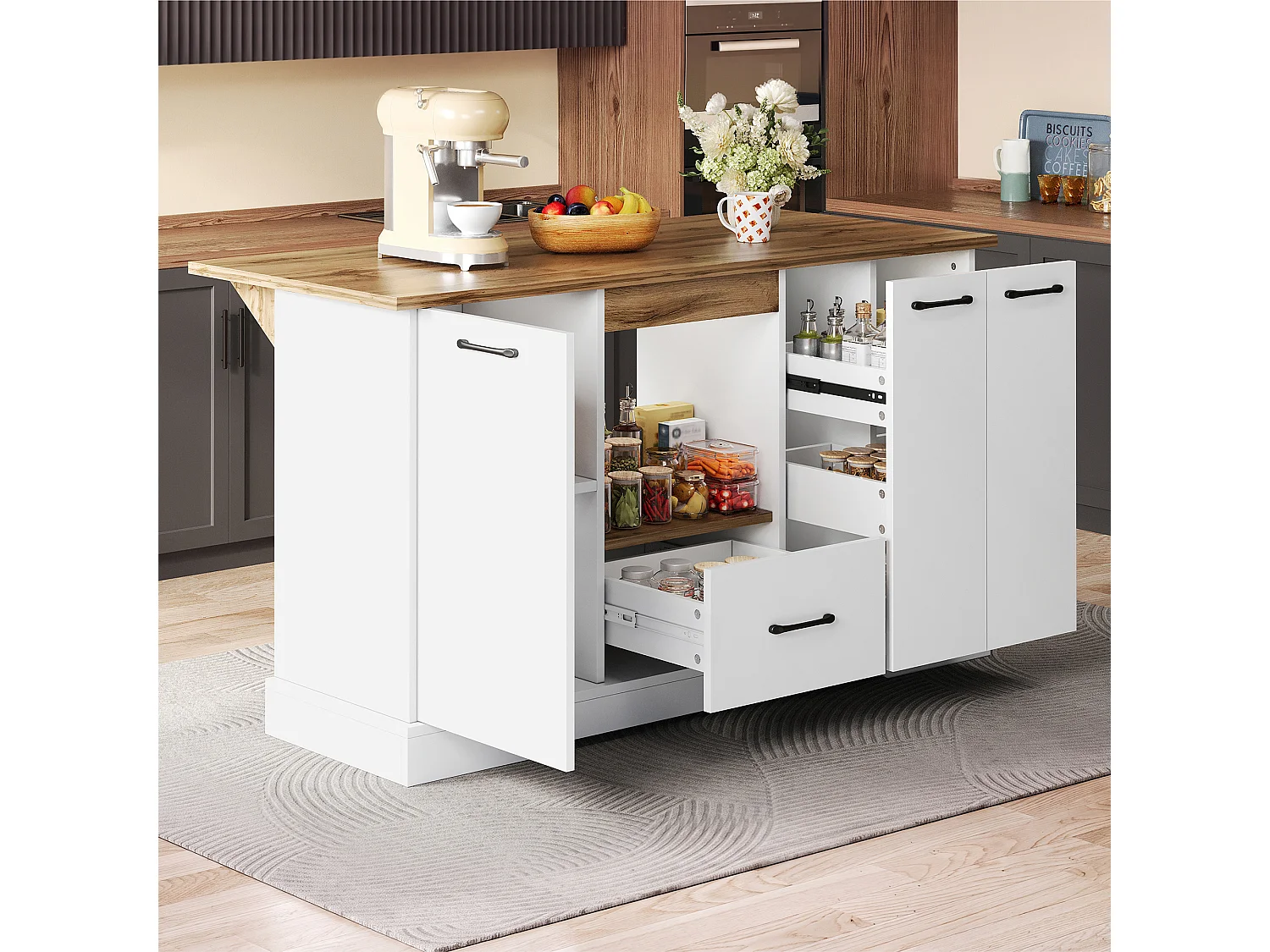 Îlot central de cuisine avec plateau rabattable, 3 tiroirs, 1 porte et étagères réglables - MDF - 150 x 65 x 80 cm - Blanc