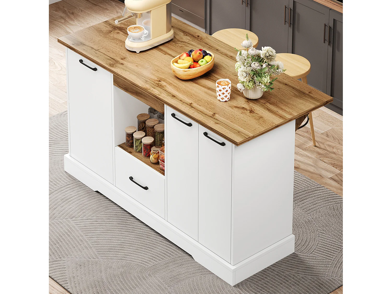 Îlot central de cuisine avec plateau rabattable, 3 tiroirs, 1 porte et étagères réglables - MDF - 150 x 65 x 80 cm - Blanc