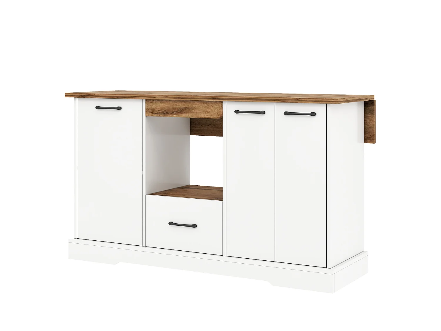 Îlot central de cuisine avec plateau rabattable, 3 tiroirs, 1 porte et étagères réglables - MDF - 150 x 65 x 80 cm - Blanc