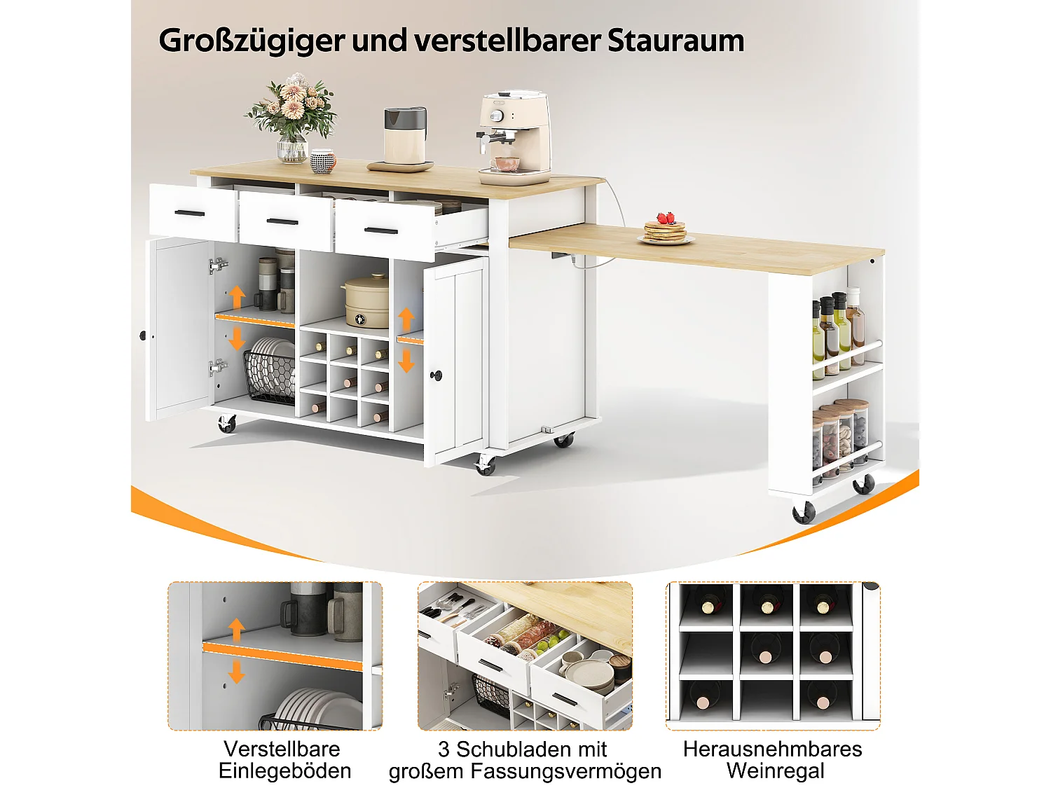 Îlot central de cuisine extensible sur roulettes, 3 tiroirs, casier à vin, prises et USB - MDF - 136 à 223 x 50 x 93 cm - Naturel et blanc