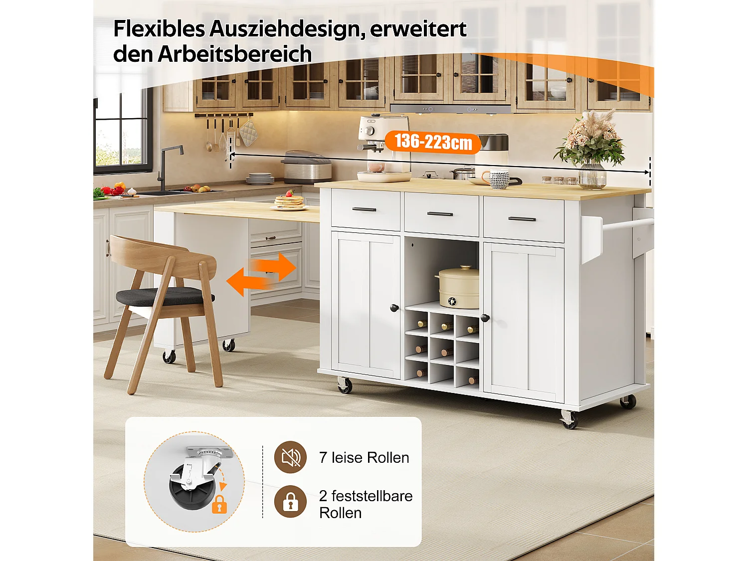 Îlot central de cuisine extensible sur roulettes, 3 tiroirs, casier à vin, prises et USB - MDF - 136 à 223 x 50 x 93 cm - Naturel et blanc
