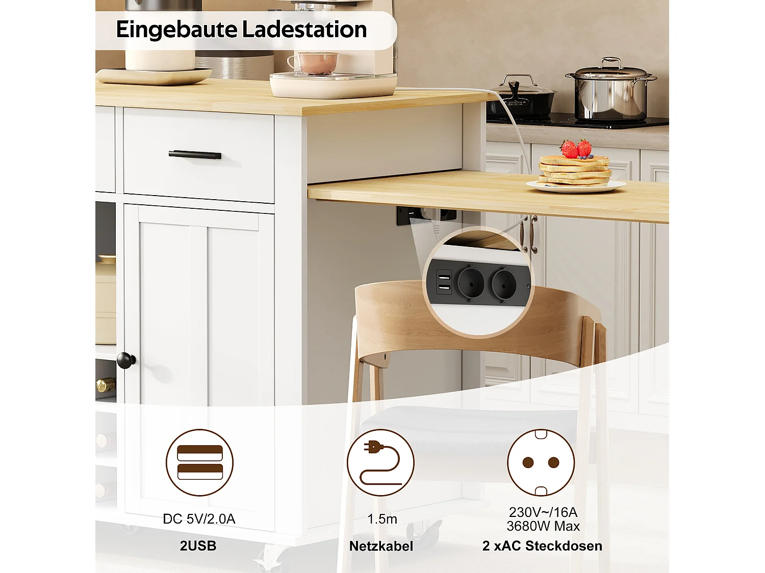 Îlot central de cuisine extensible sur roulettes, 3 tiroirs, casier à vin, prises et USB - MDF - 136 à 223 x 50 x 93 cm - Naturel et blanc