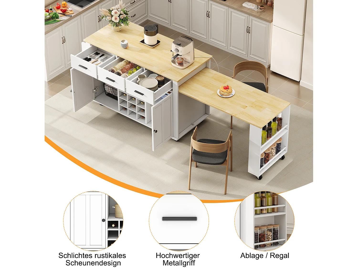 Îlot central de cuisine extensible sur roulettes, 3 tiroirs, casier à vin, prises et USB - MDF - 136 à 223 x 50 x 93 cm - Naturel et blanc