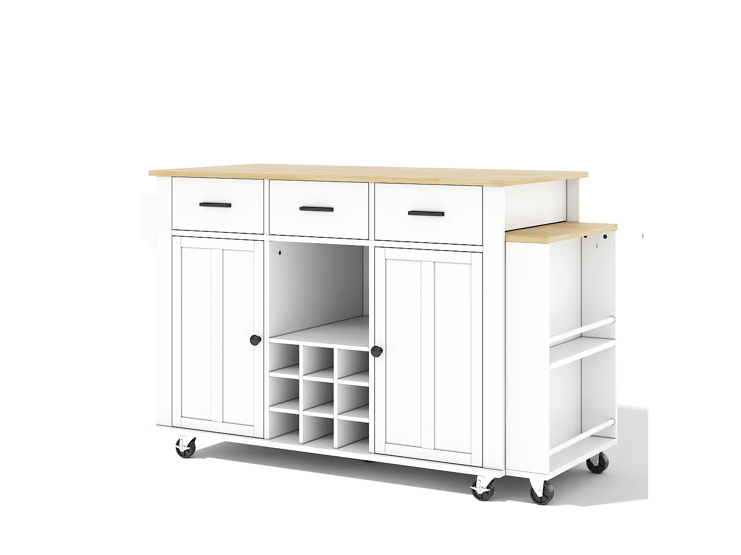 Îlot central de cuisine extensible sur roulettes, 3 tiroirs, casier à vin, prises et USB - MDF - 136 à 223 x 50 x 93 cm - Naturel et blanc