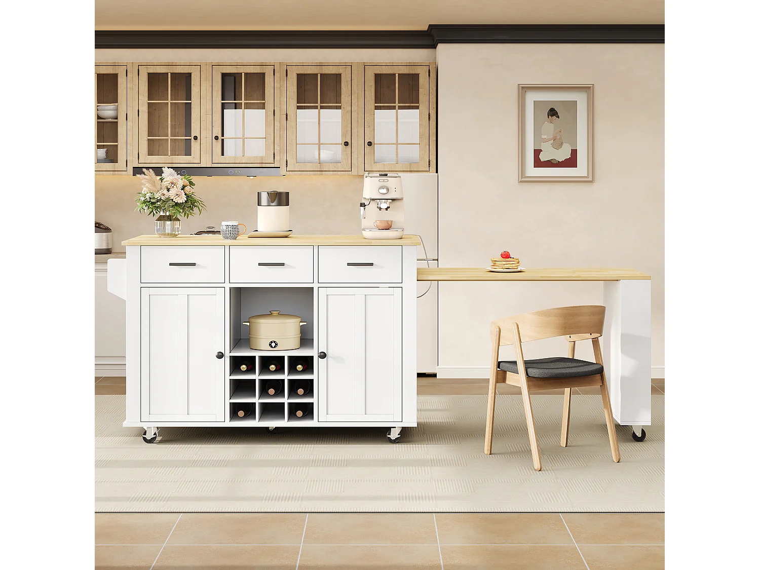 Îlot central de cuisine extensible sur roulettes, 3 tiroirs, casier à vin, prises et USB - MDF - 136 à 223 x 50 x 93 cm - Naturel et blanc