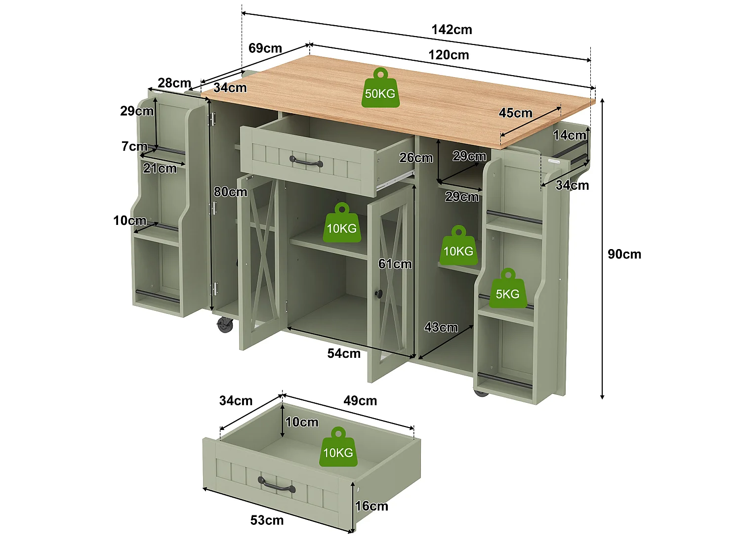 Wyspa kuchenna na kółkach z rozkładanym blatem, 1 szufladą, 4 drzwiami i półką na przyprawy - MDF - 120 x 69 x 90 cm - Zielony