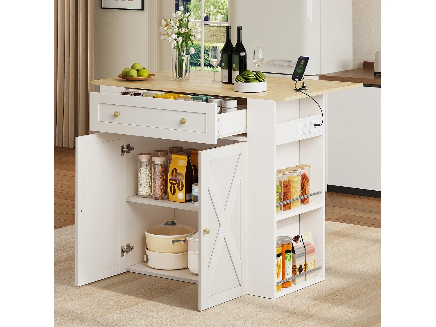 Køkkenø med nedfældbar top, 1 skuffe, hylder, stikkontakter og USB-porte - MDF og spånplade - 120 x 47/75 x 97 cm - Hvid