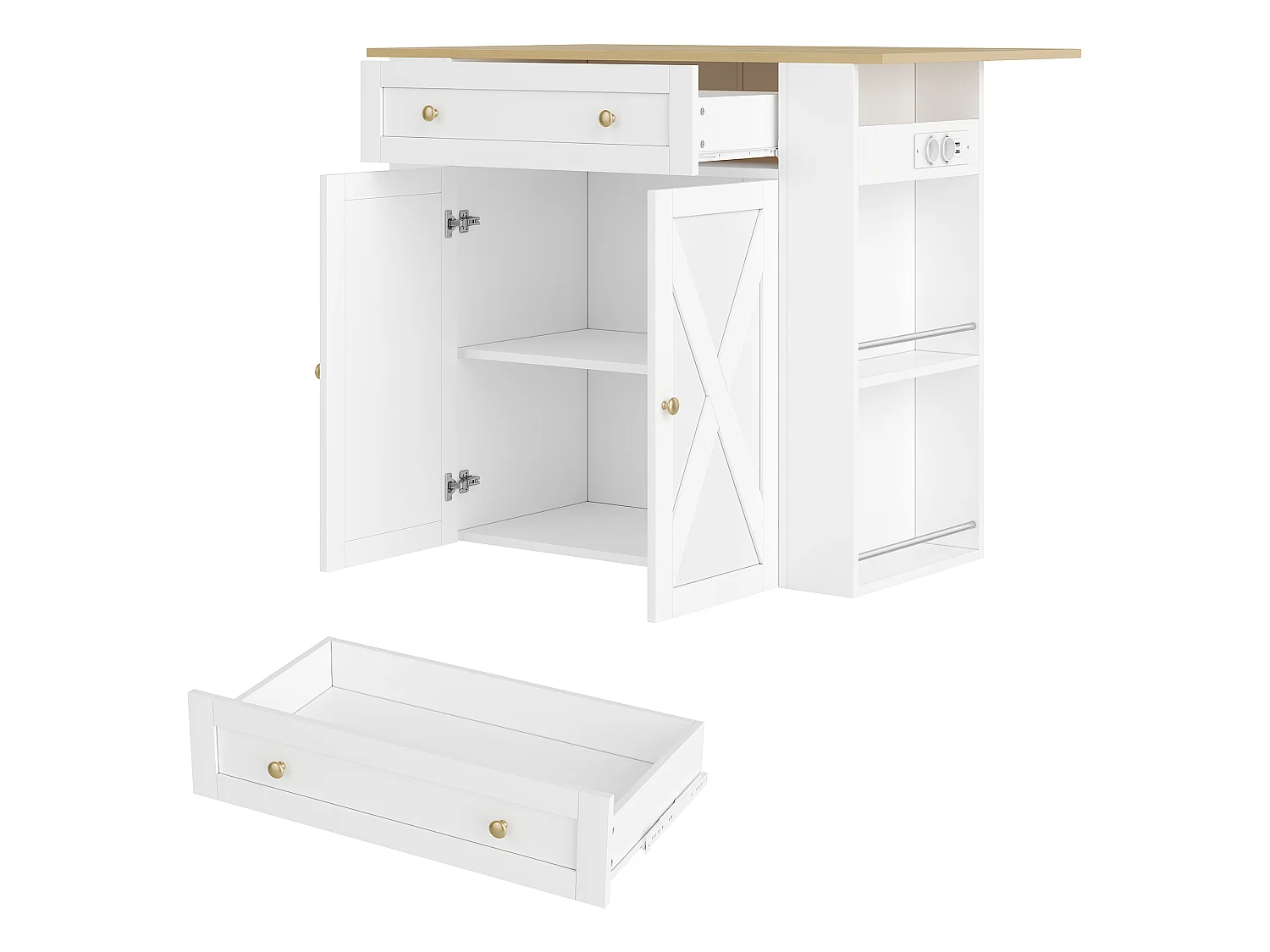 Køkkenø med nedfældbar top, 1 skuffe, hylder, stikkontakter og USB-porte - MDF og spånplade - 120 x 47/75 x 97 cm - Hvid