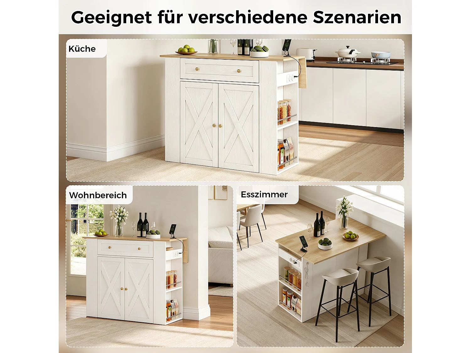 Køkkenø med nedfældbar top, 1 skuffe, hylder, stikkontakter og USB-porte - MDF og spånplade - 120 x 47/75 x 97 cm - Hvid