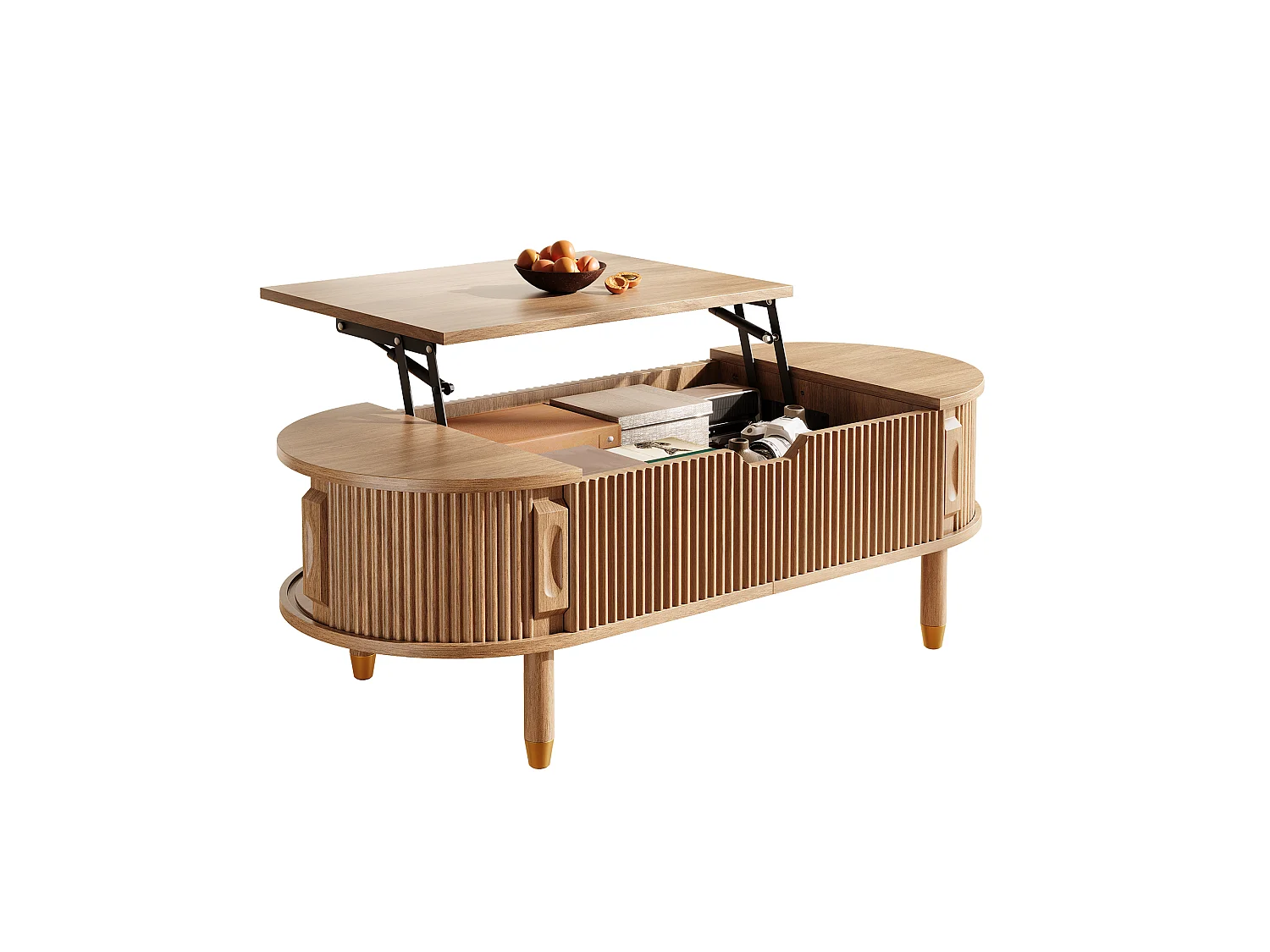 Table basse ovale à plateau relevable avec 2 portes coulissantes rainurées - MDF et bois d’hévéa - 110 x 48 x 57 cm - Bois naturel