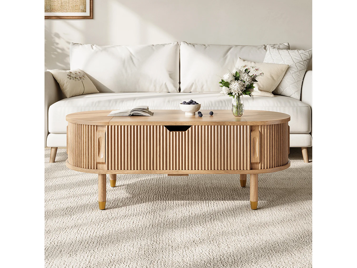 Table basse ovale à plateau relevable avec 2 portes coulissantes rainurées - MDF et bois d’hévéa - 110 x 48 x 57 cm - Bois naturel