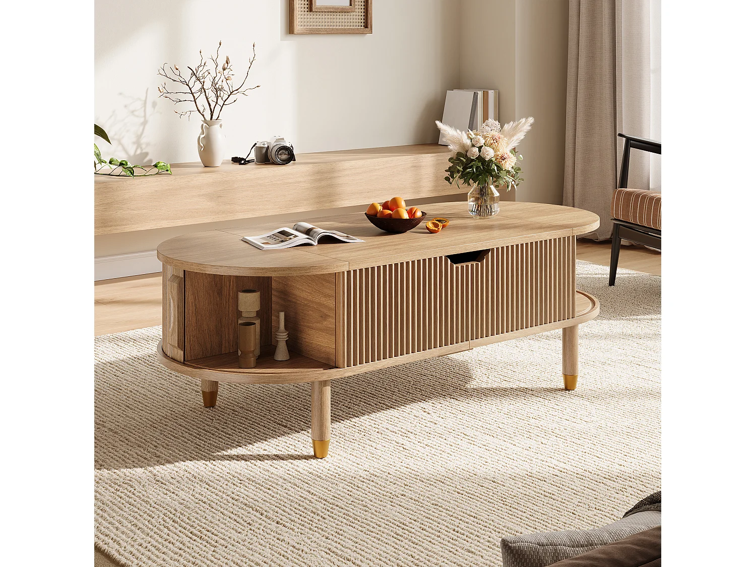 Table basse ovale à plateau relevable avec 2 portes coulissantes rainurées - MDF et bois d’hévéa - 110 x 48 x 57 cm - Bois naturel