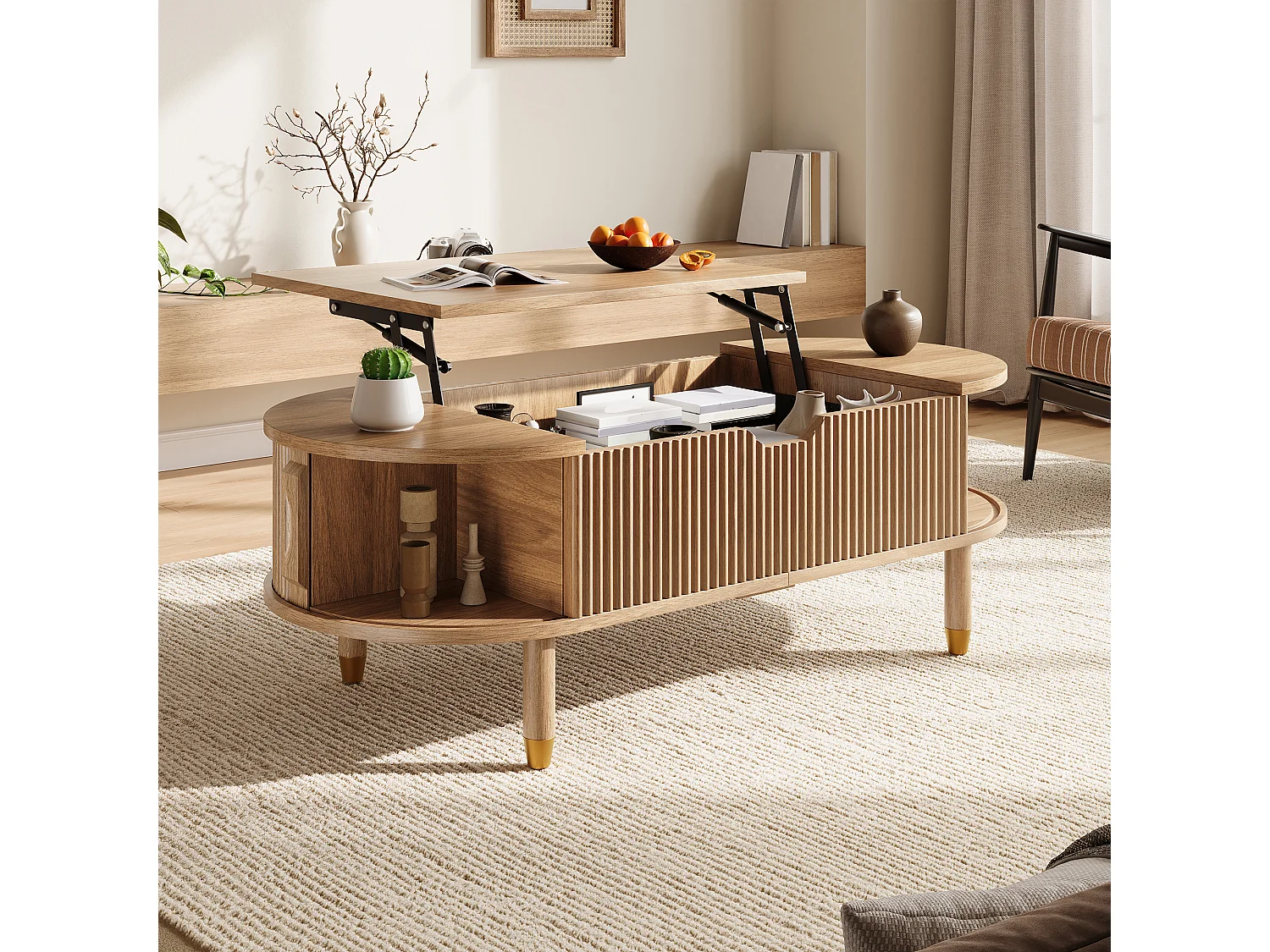 Table basse ovale à plateau relevable avec 2 portes coulissantes rainurées - MDF et bois d’hévéa - 110 x 48 x 57 cm - Bois naturel