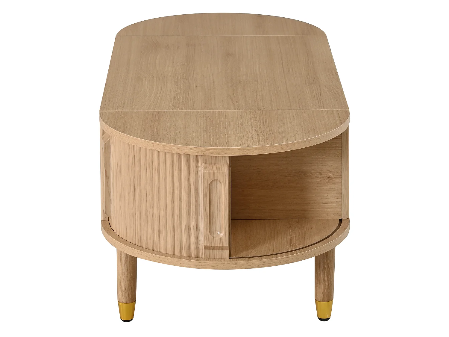 Table basse ovale à plateau relevable avec 2 portes coulissantes rainurées - MDF et bois d’hévéa - 110 x 48 x 57 cm - Bois naturel