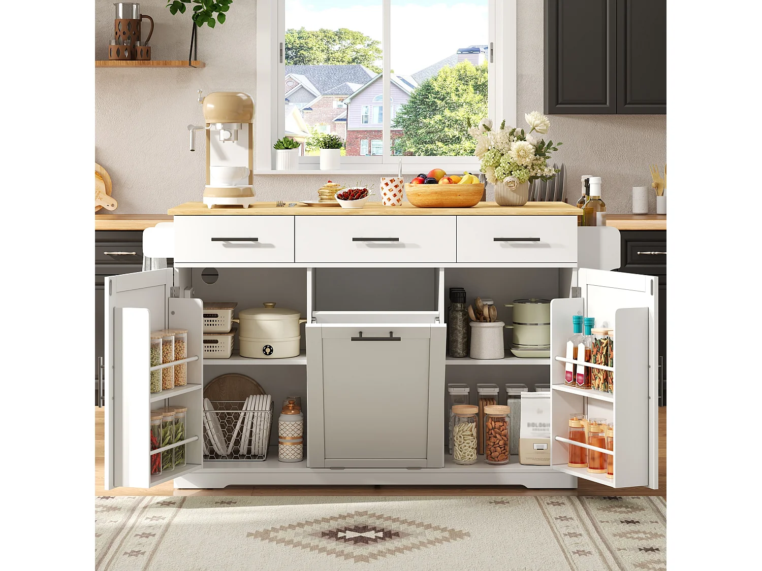 Kücheninsel auf Rollen, mit Mülleimerfach, 3 Schubladen, 2 Türen, Steckdosen und USB-Anschlüssen – MDF – 136 x 50 bis 75 x 92 cm – Weiß