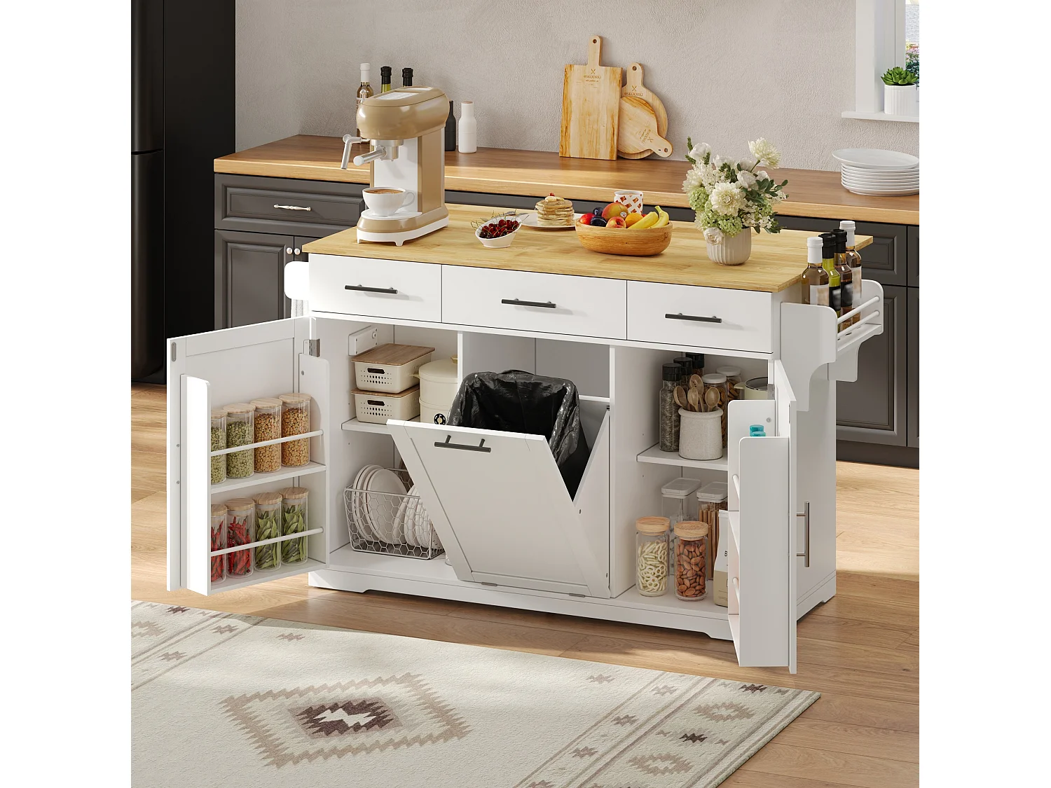 Kücheninsel auf Rollen, mit Mülleimerfach, 3 Schubladen, 2 Türen, Steckdosen und USB-Anschlüssen – MDF – 136 x 50 bis 75 x 92 cm – Weiß