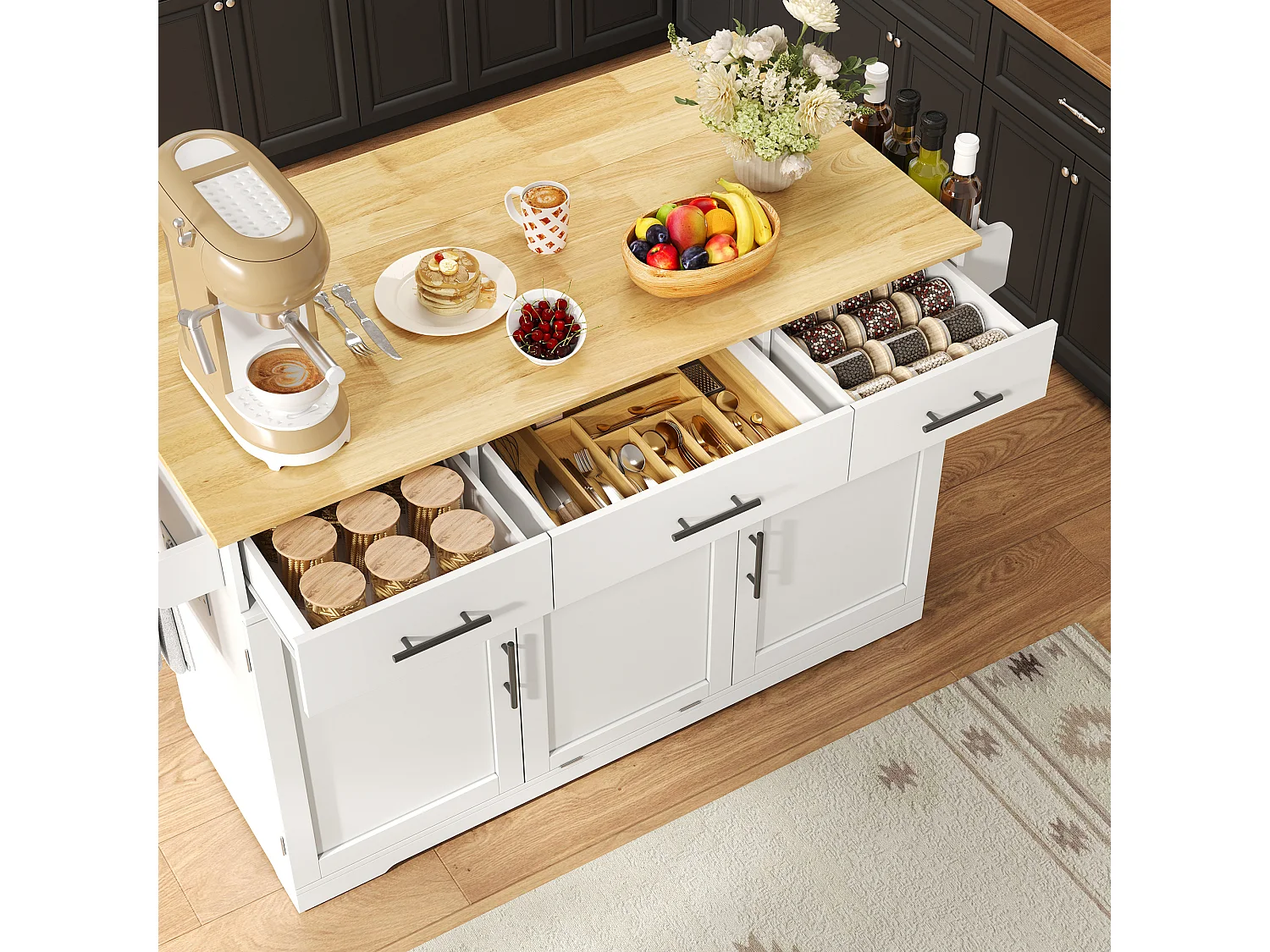 Kücheninsel auf Rollen, mit Mülleimerfach, 3 Schubladen, 2 Türen, Steckdosen und USB-Anschlüssen – MDF – 136 x 50 bis 75 x 92 cm – Weiß