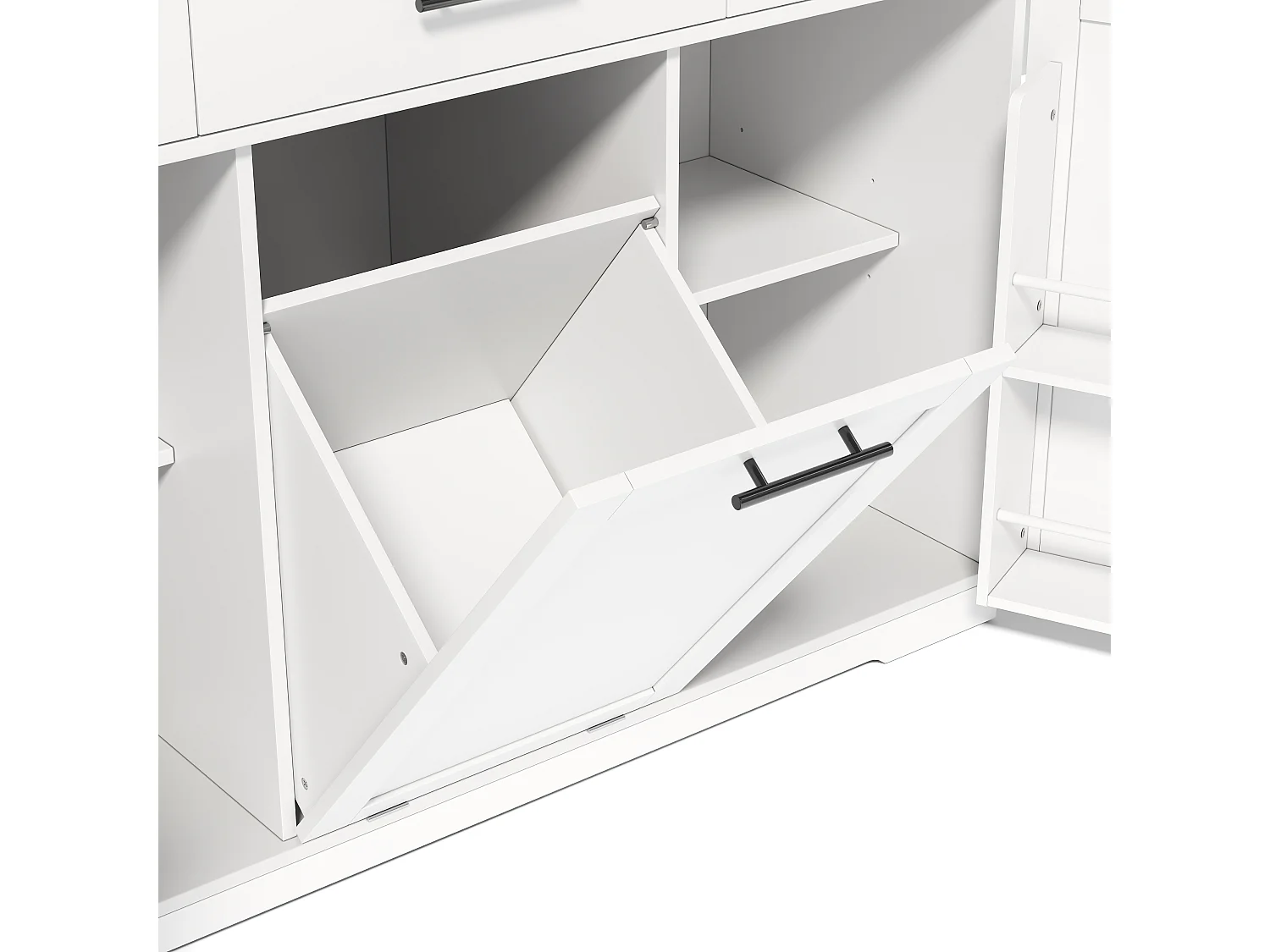 Kücheninsel auf Rollen, mit Mülleimerfach, 3 Schubladen, 2 Türen, Steckdosen und USB-Anschlüssen – MDF – 136 x 50 bis 75 x 92 cm – Weiß