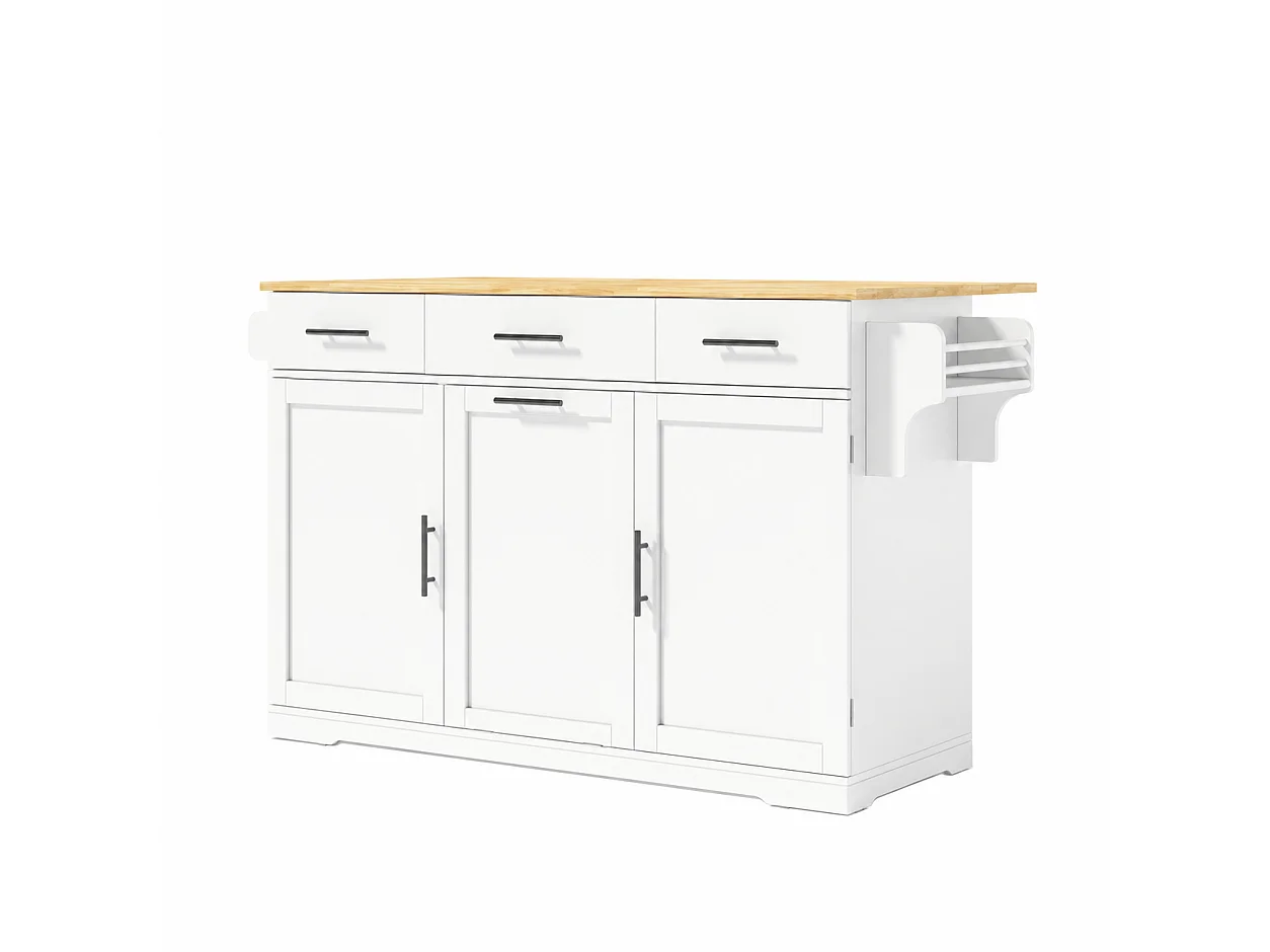 Kücheninsel auf Rollen, mit Mülleimerfach, 3 Schubladen, 2 Türen, Steckdosen und USB-Anschlüssen – MDF – 136 x 50 bis 75 x 92 cm – Weiß