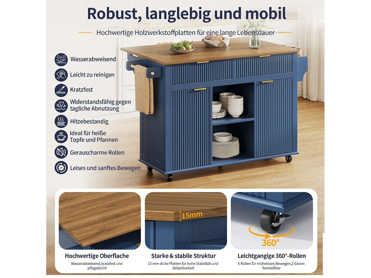Îlot central de cuisine sur roulettes avec plateau rabattable, 2 tiroirs et 2 portes - MDF - 143 x 45 à 69 x 89,5 cm - Bleu