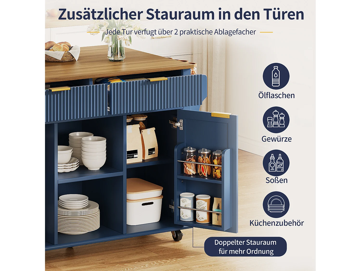 Îlot central de cuisine sur roulettes avec plateau rabattable, 2 tiroirs et 2 portes - MDF - 143 x 45 à 69 x 89,5 cm - Bleu