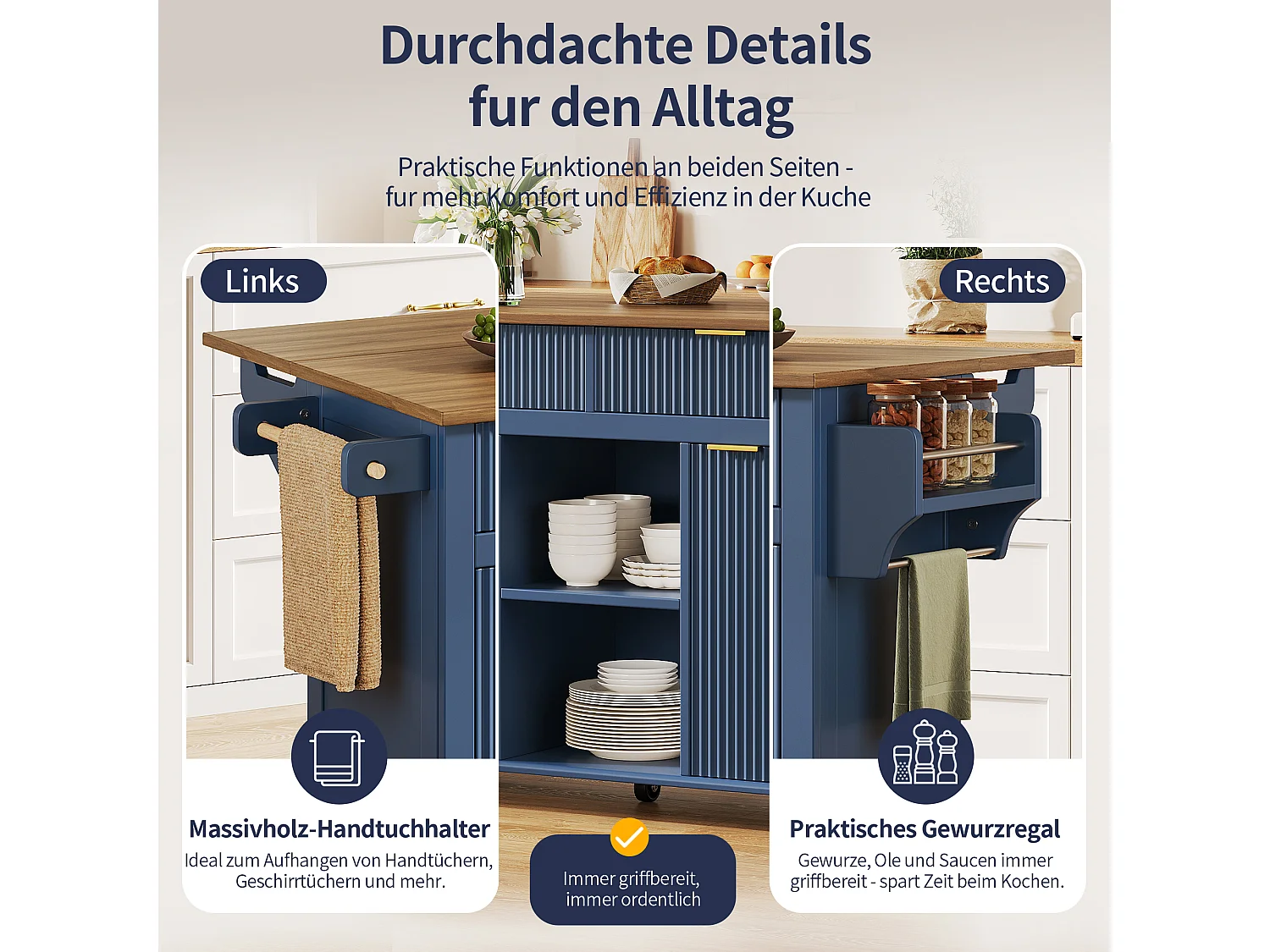 Îlot central de cuisine sur roulettes avec plateau rabattable, 2 tiroirs et 2 portes - MDF - 143 x 45 à 69 x 89,5 cm - Bleu