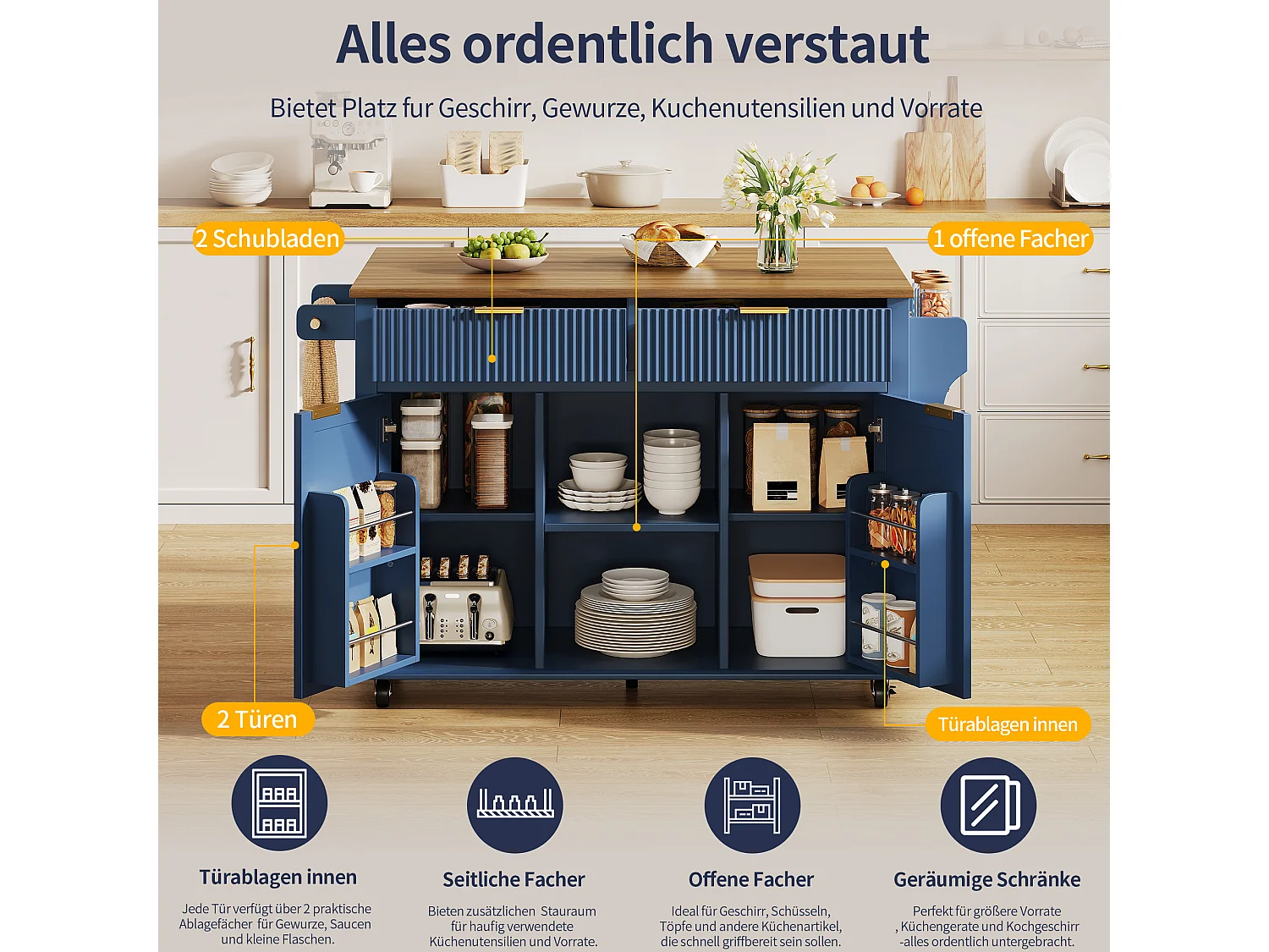 Îlot central de cuisine sur roulettes avec plateau rabattable, 2 tiroirs et 2 portes - MDF - 143 x 45 à 69 x 89,5 cm - Bleu