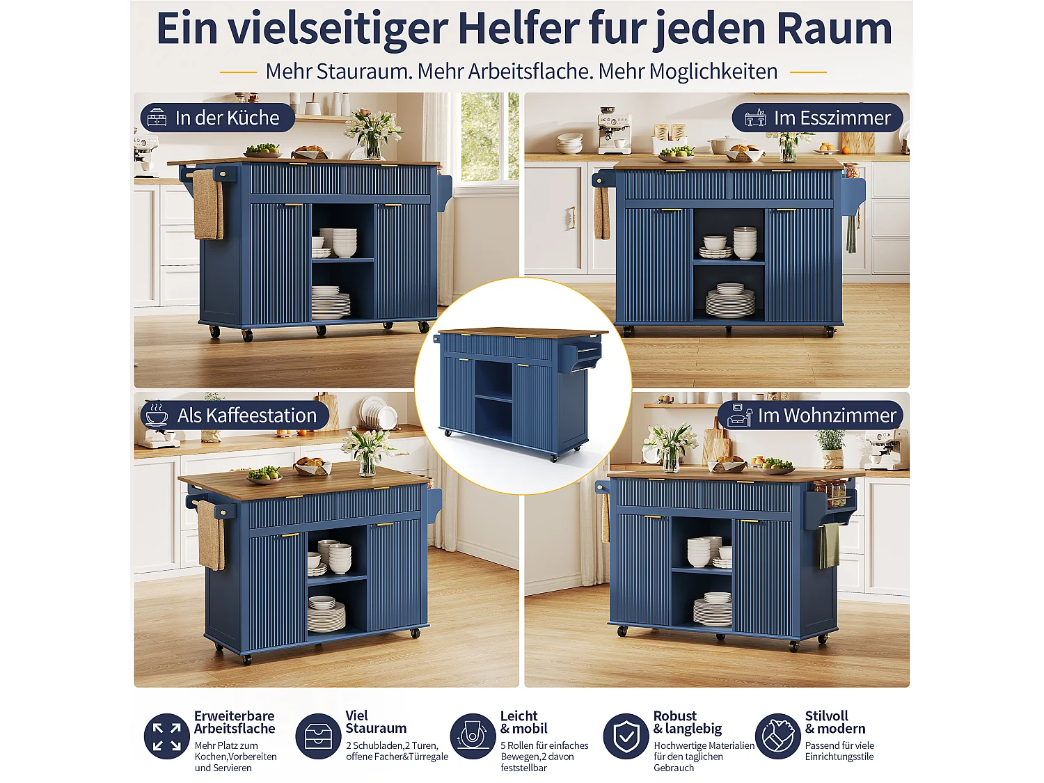 Îlot central de cuisine sur roulettes avec plateau rabattable, 2 tiroirs et 2 portes - MDF - 143 x 45 à 69 x 89,5 cm - Bleu