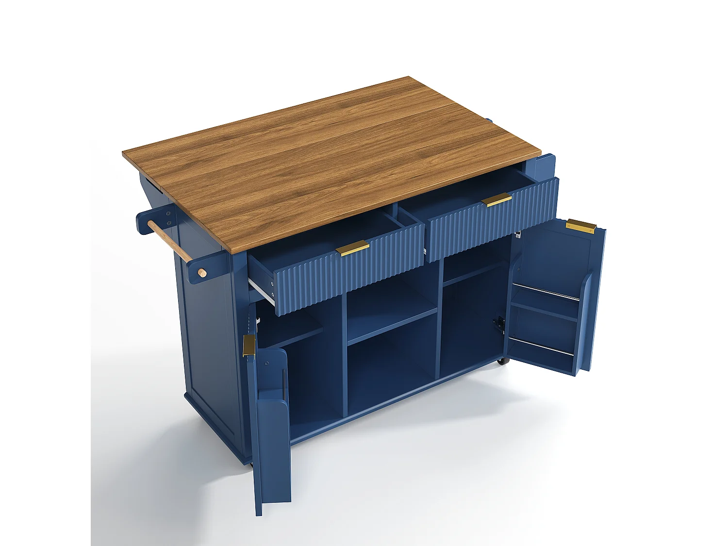 Îlot central de cuisine sur roulettes avec plateau rabattable, 2 tiroirs et 2 portes - MDF - 143 x 45 à 69 x 89,5 cm - Bleu