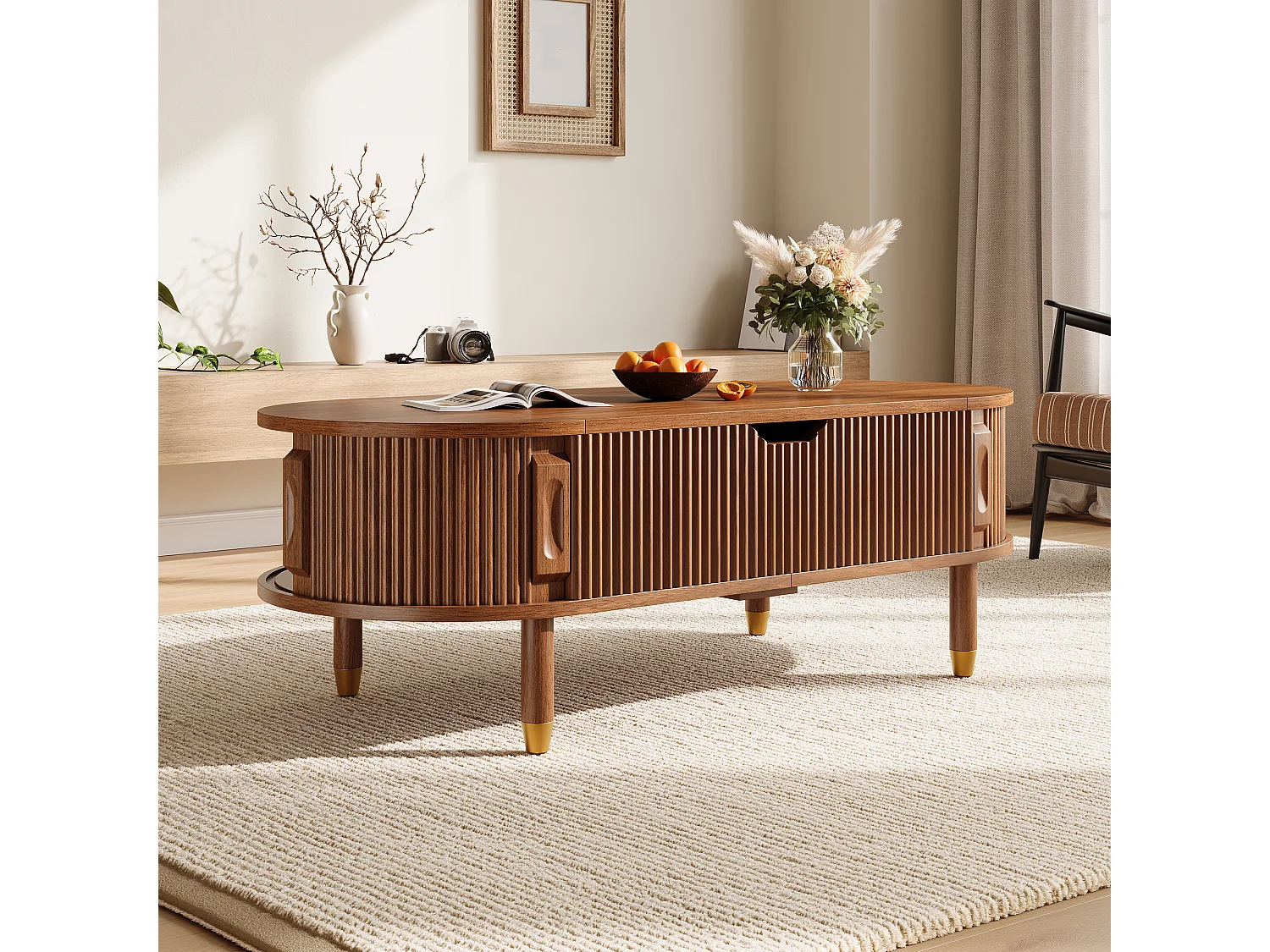 Table basse ovale à plateau relevable avec rangement et 2 portes coulissantes - MDF et bois d’hévéa - 110 x 48 x 57 cm - Noyer