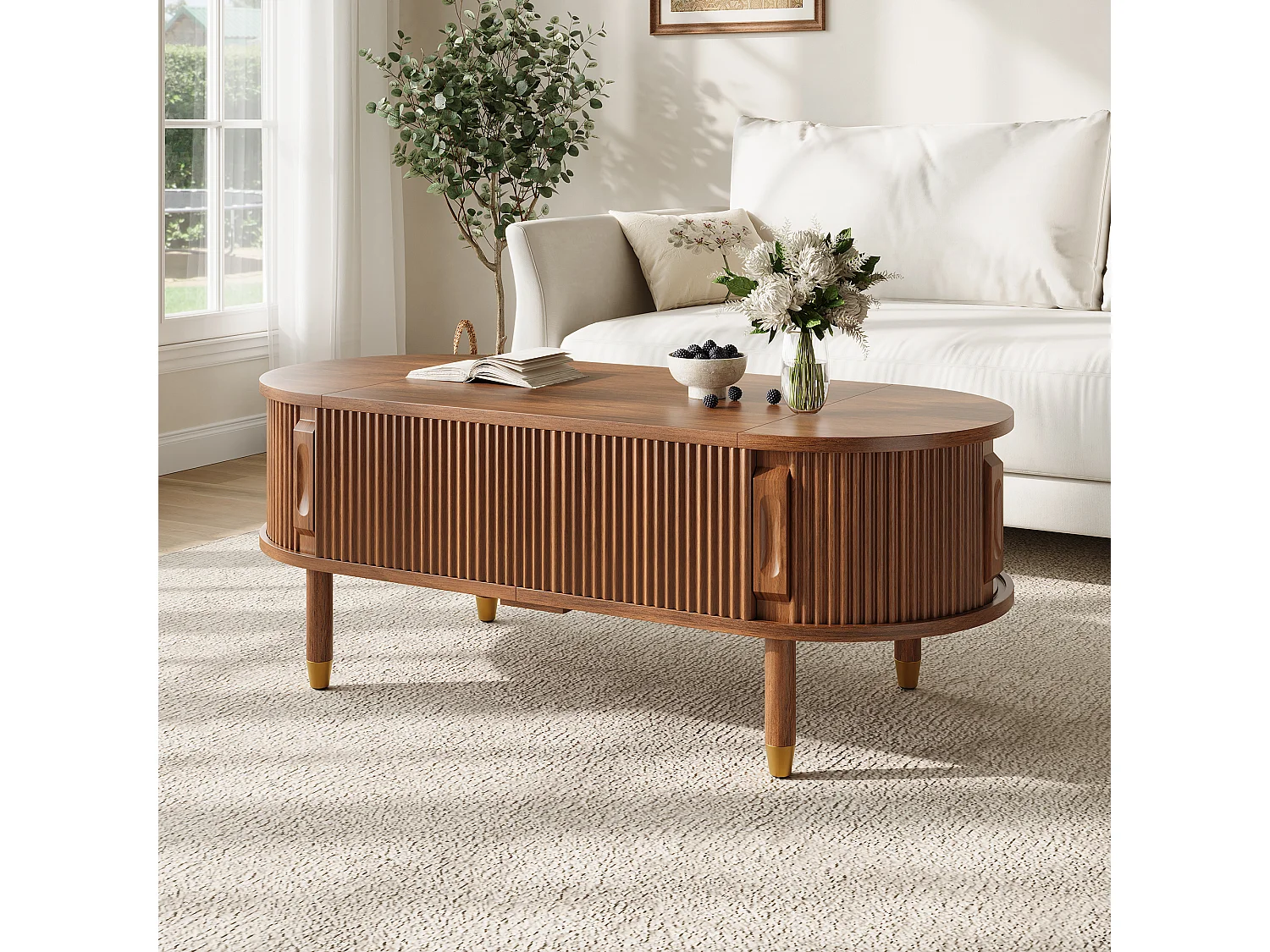Table basse ovale à plateau relevable avec rangement et 2 portes coulissantes - MDF et bois d’hévéa - 110 x 48 x 57 cm - Noyer