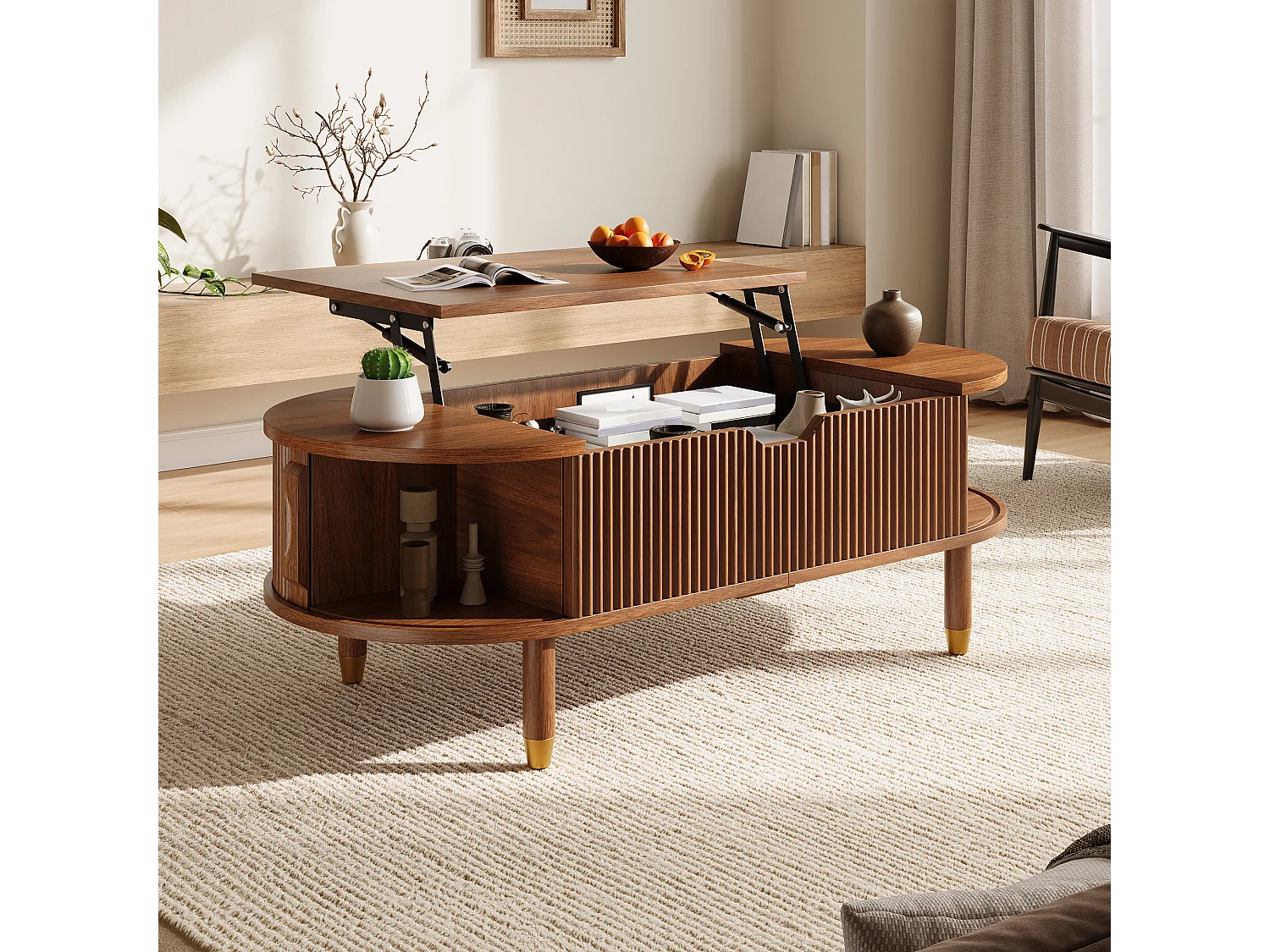 Table basse ovale à plateau relevable avec rangement et 2 portes coulissantes - MDF et bois d’hévéa - 110 x 48 x 57 cm - Noyer