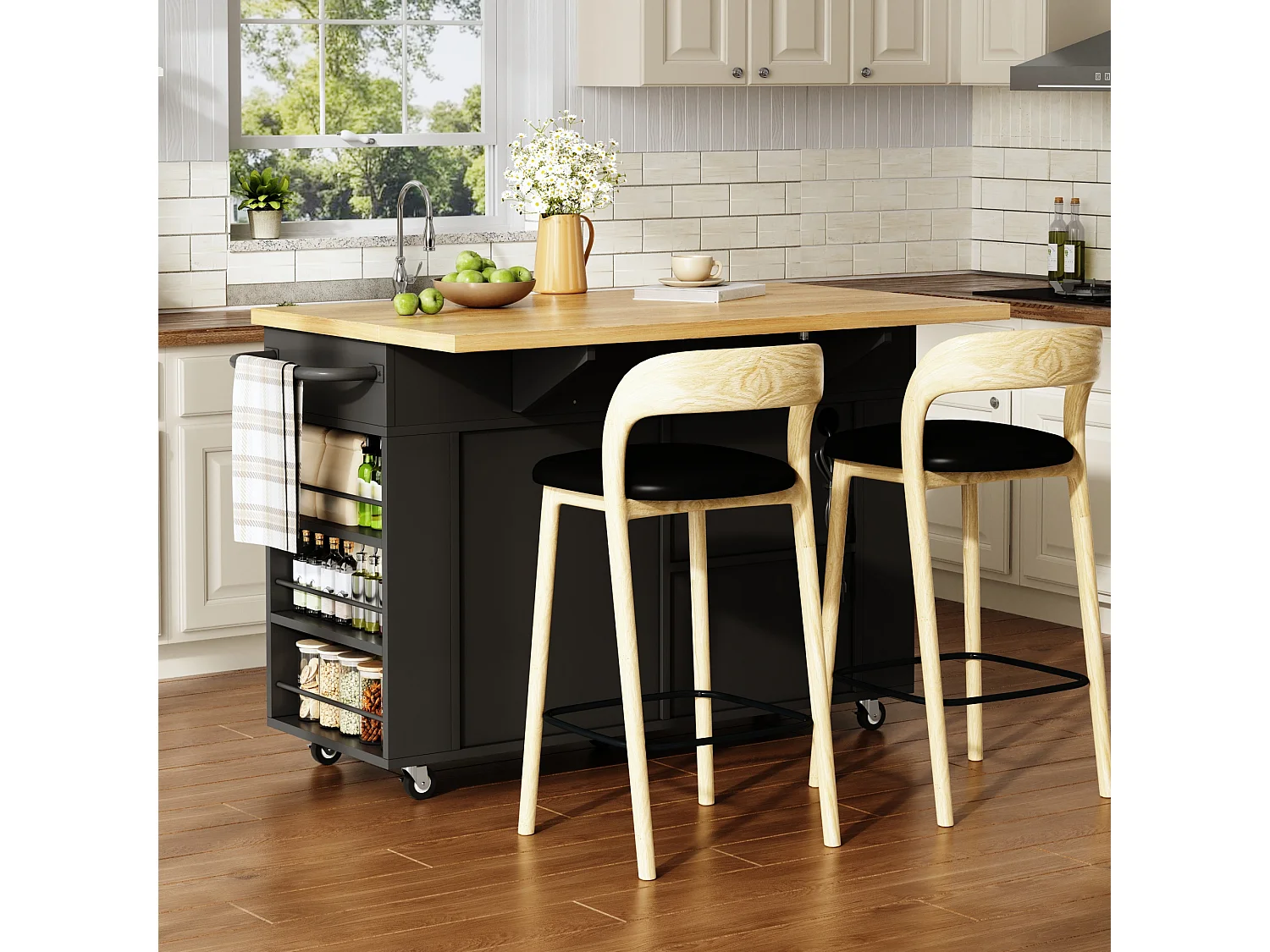 Isola da cucina su ruote con piano ribaltabile, 3 cassetti, 2 ante, prese di corrente e porte USB - MDF - 120 x 45 a 70 x 84 cm - Nero