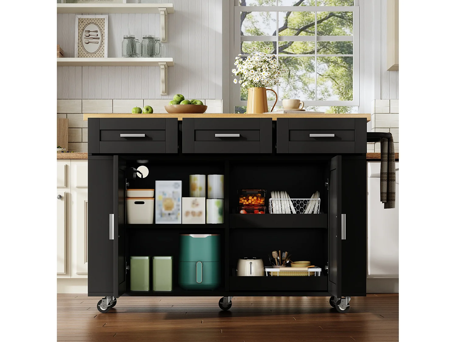 Isola da cucina su ruote con piano ribaltabile, 3 cassetti, 2 ante, prese di corrente e porte USB - MDF - 120 x 45 a 70 x 84 cm - Nero